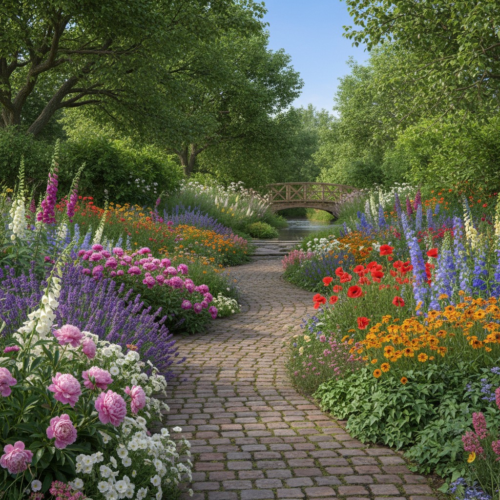 A cobblestone path winds through a vibrant garden filled with colorful flowers toward a small wooden bridge over a stream.