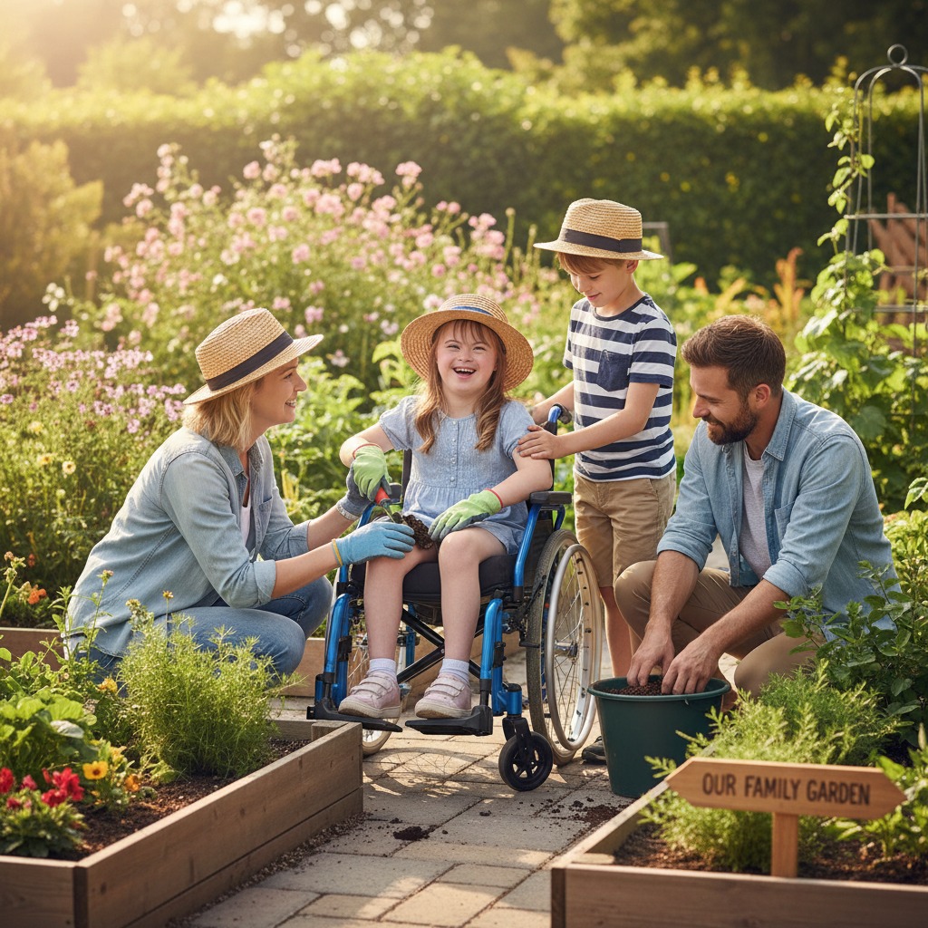 A family of four gardens together in a sunlit backyard, with a young girl in a wheelchair smiling as her mother helps her plant.