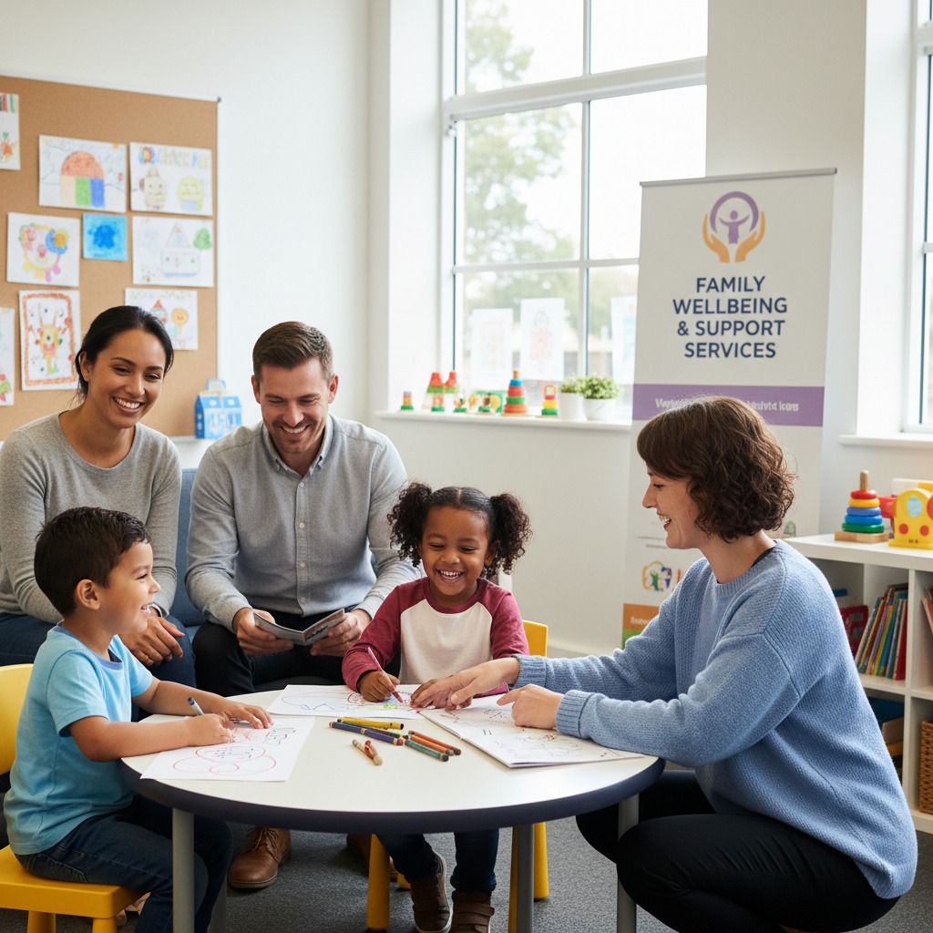 A family sits at a table with a support worker in a bright room, where the children are drawing and the adults are smiling.